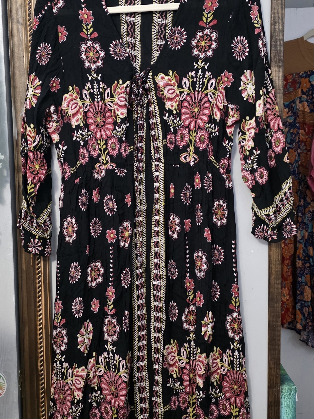 lola P. Black Maxi Dress with Pink & Cream Floral Embroidery